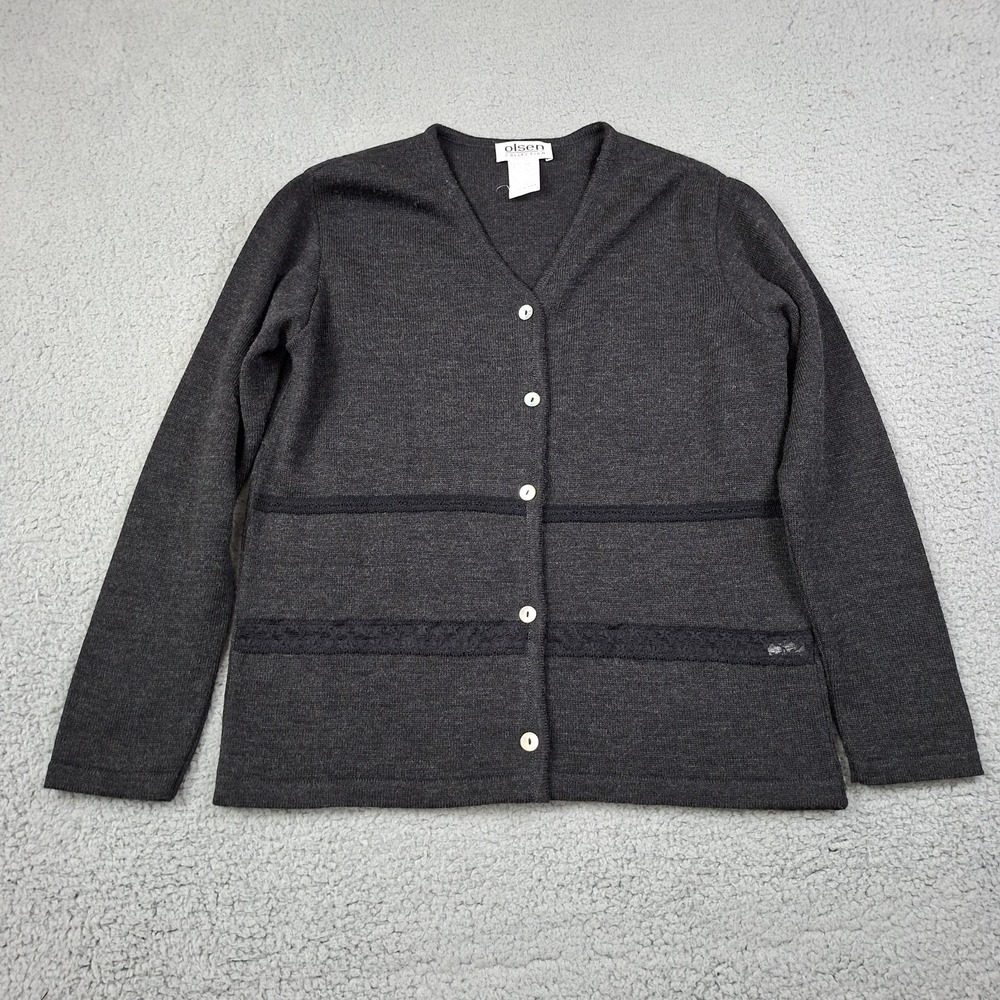Olsen Gray Knit Cardigan Wool Blend Sweater V-Neck Button Up XL Lace Trim